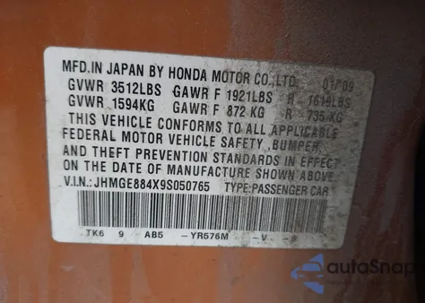 2009 Honda Fit Sport z USA, uszkodzony, nr VIN JHMGE884X9S050765